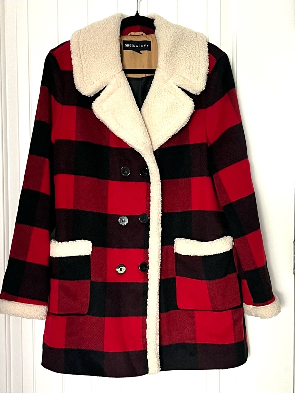 Green with Envy Red & Black Buffalo Plaid Sherpa Coat